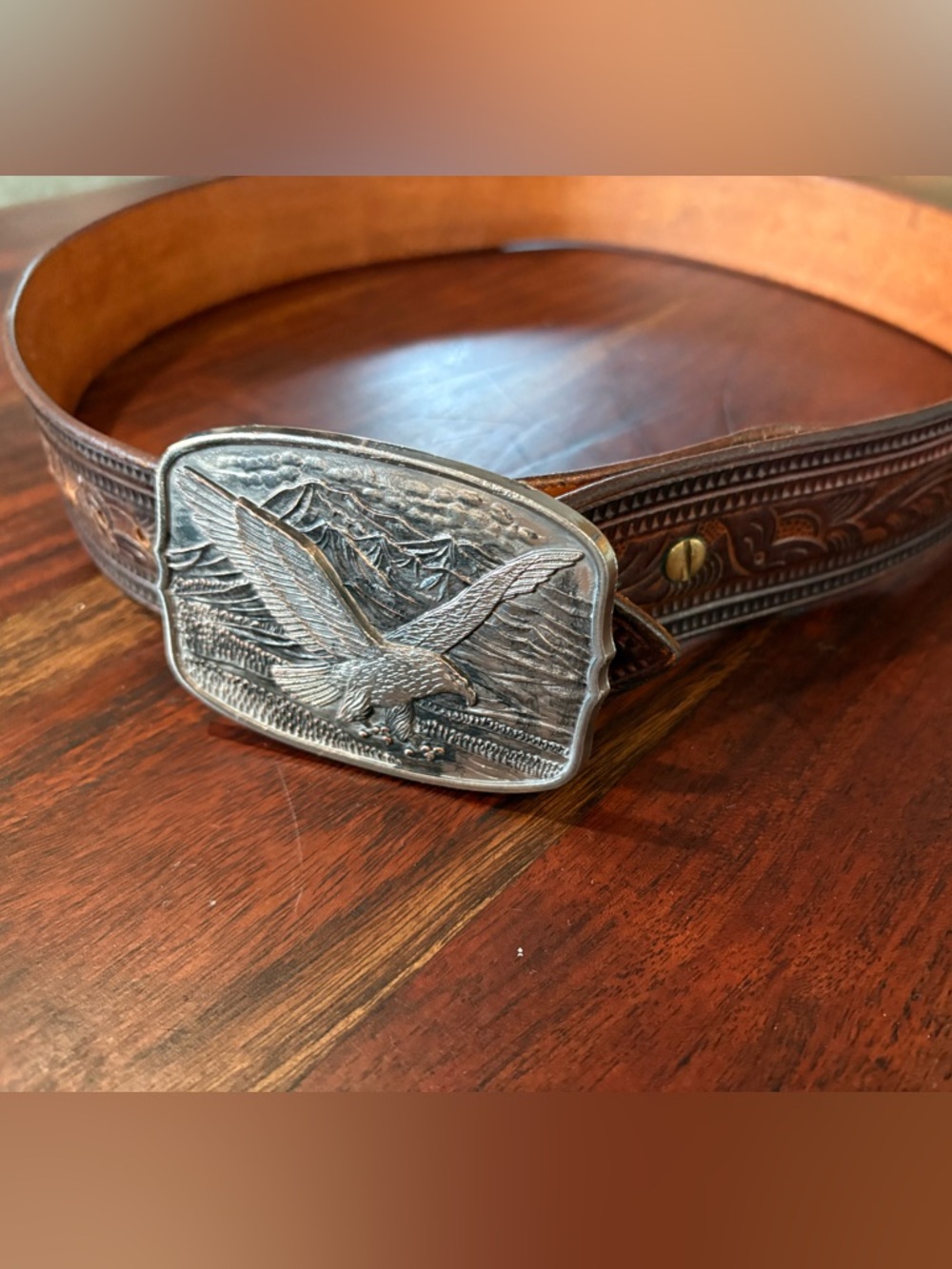 Western Tooled Leather Belt with  Vintage Eagle Buckle